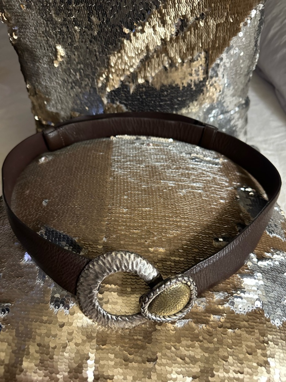 Chico's Dark Brown Leather Belt with Hammered Silver & Gold Accents